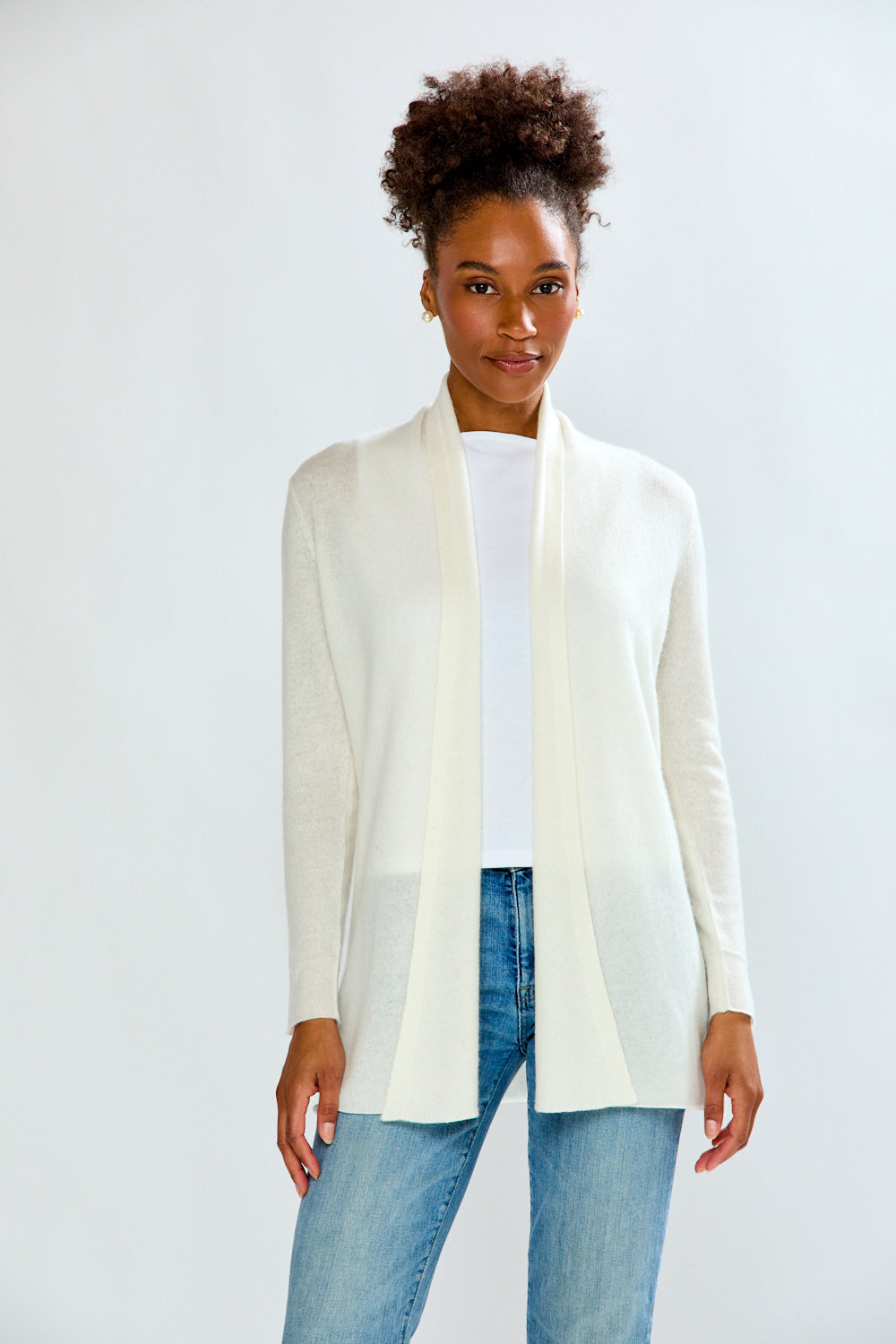 Woman wearing Open Cashmere Cardigan - White