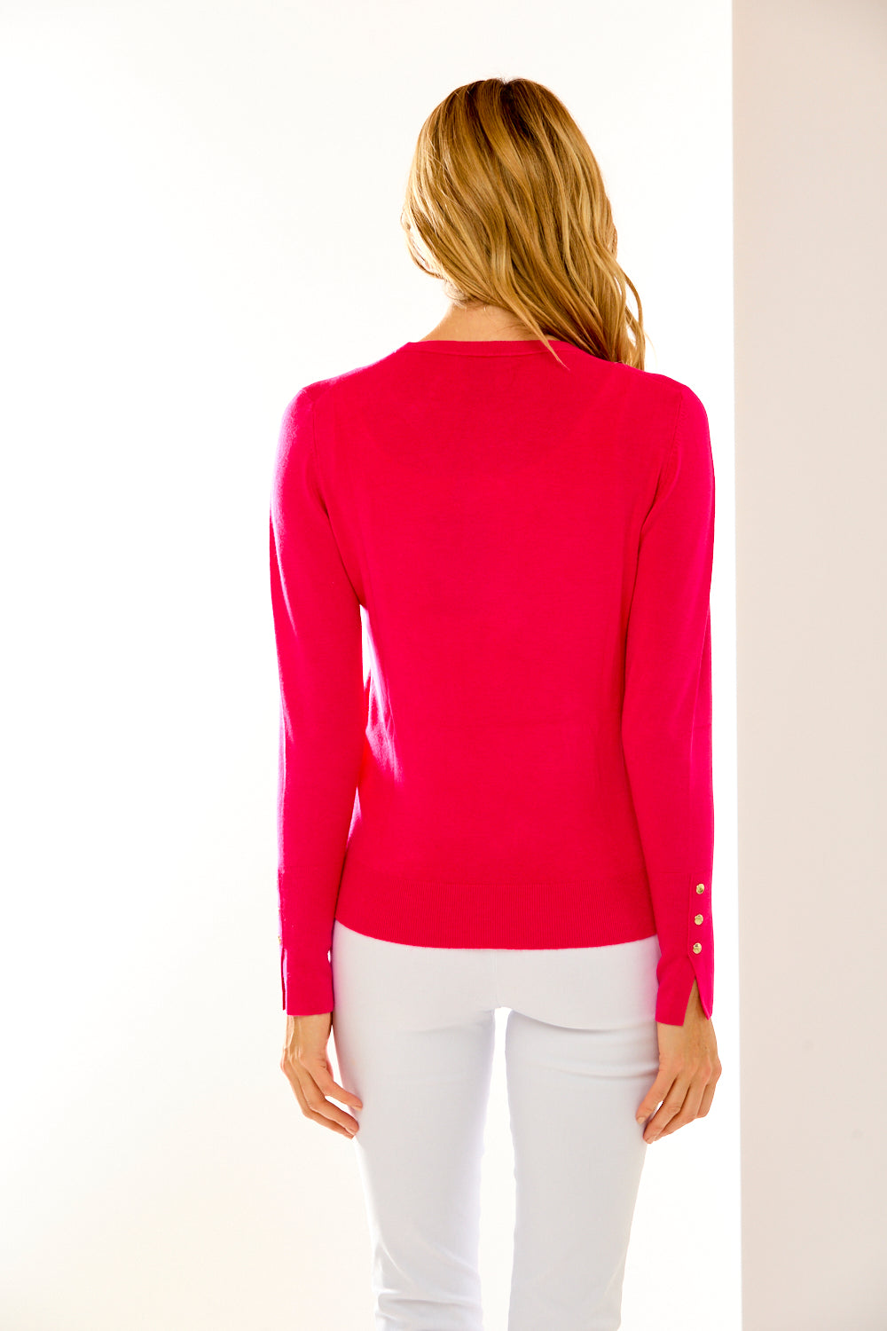 Crew Pullover With Button Cuff Slit in Hibiscus