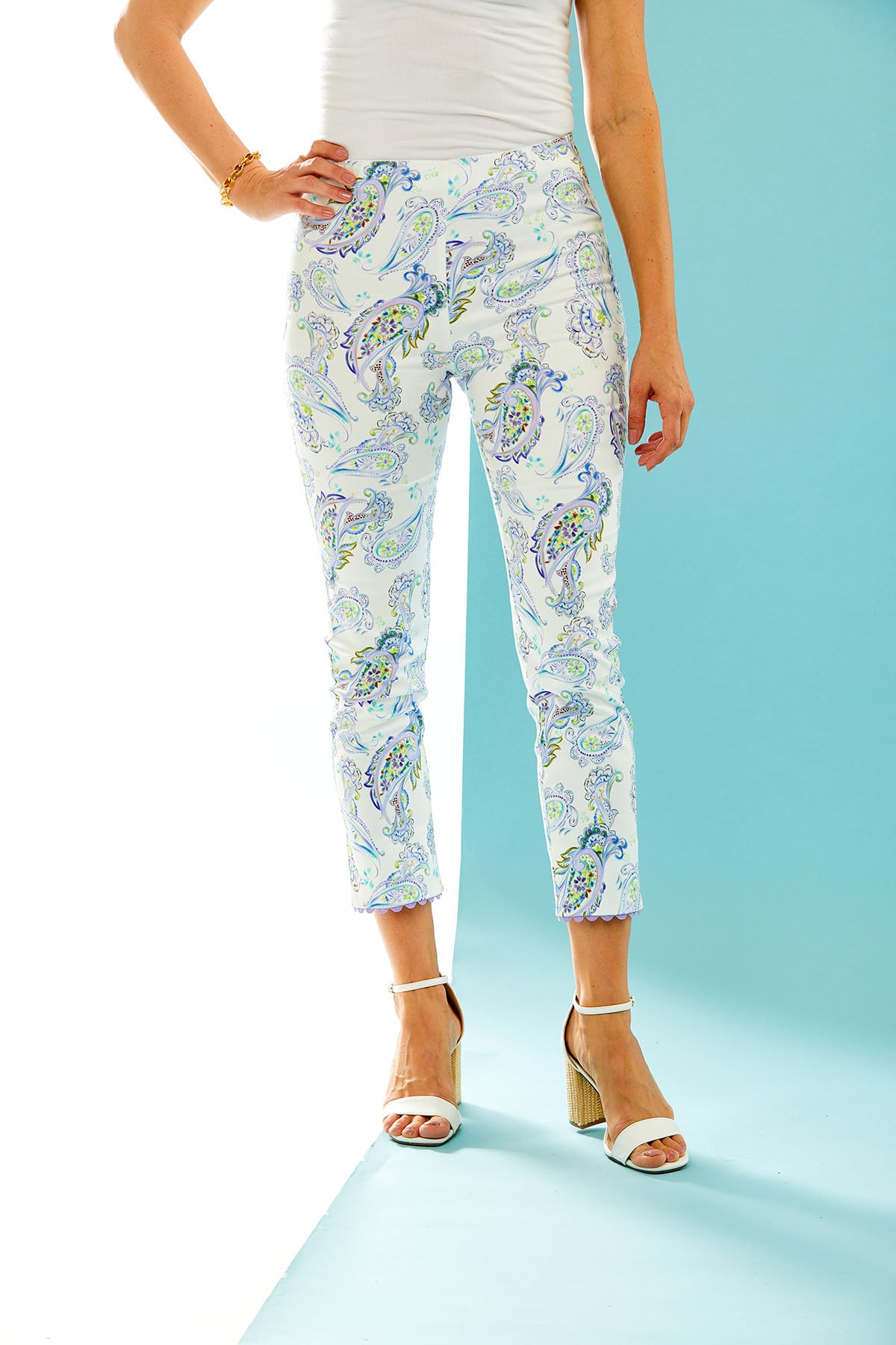 Woman in paisley print pant