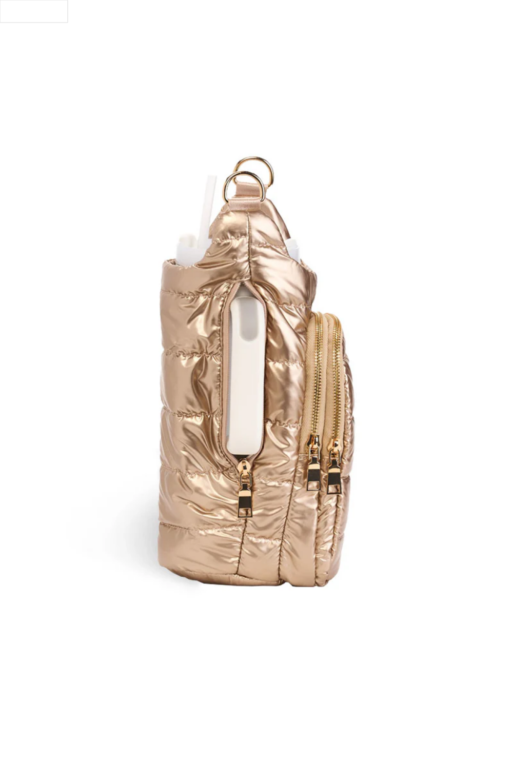 Gold puffer water bottle bag on a white background