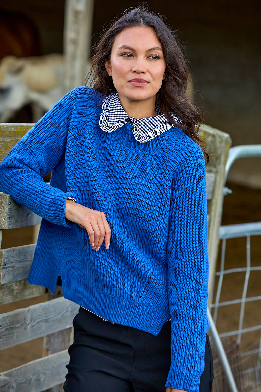 A woman wearing a bright blue ribbed knit sweater with a black and white gingham check collar, leaning against a rustic wooden fence in an outdoor barn setting.