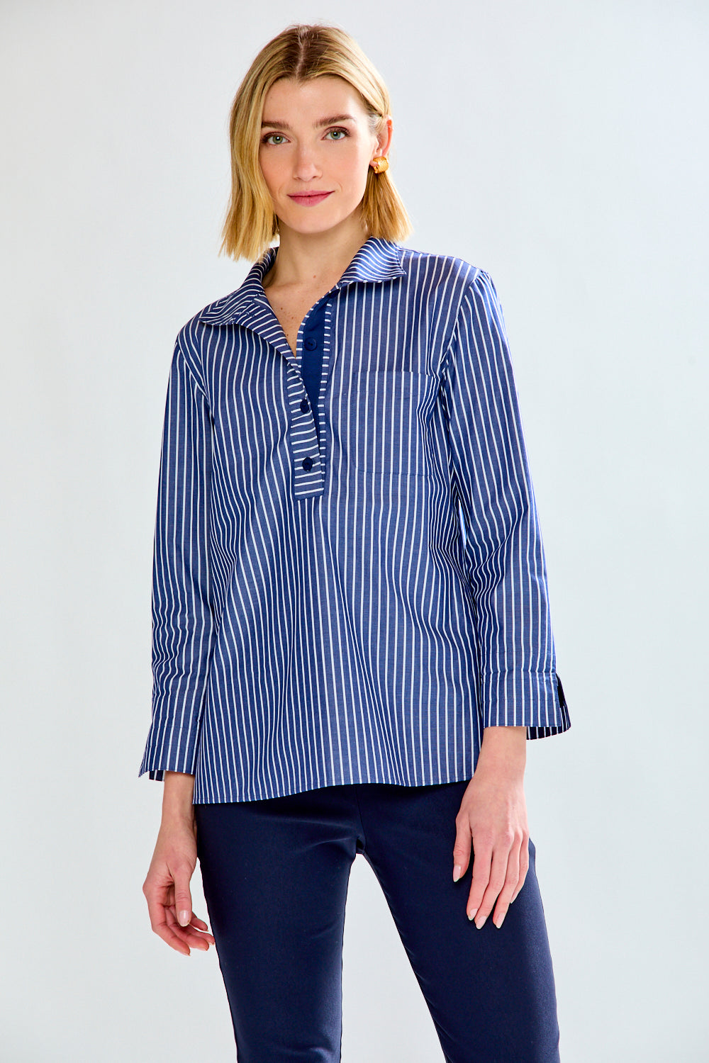 Woman in blue striped blouse