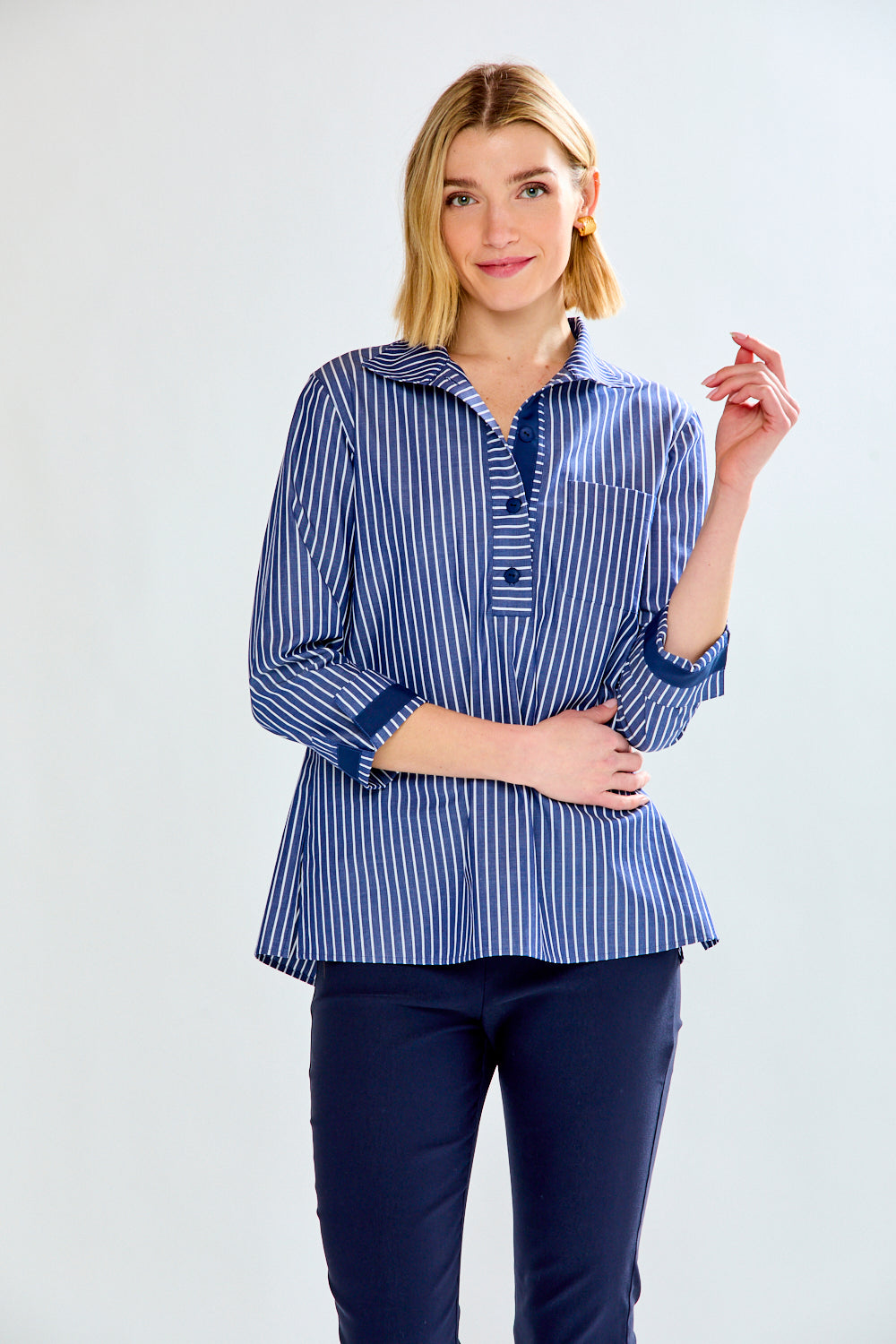 Woman in blue striped blouse