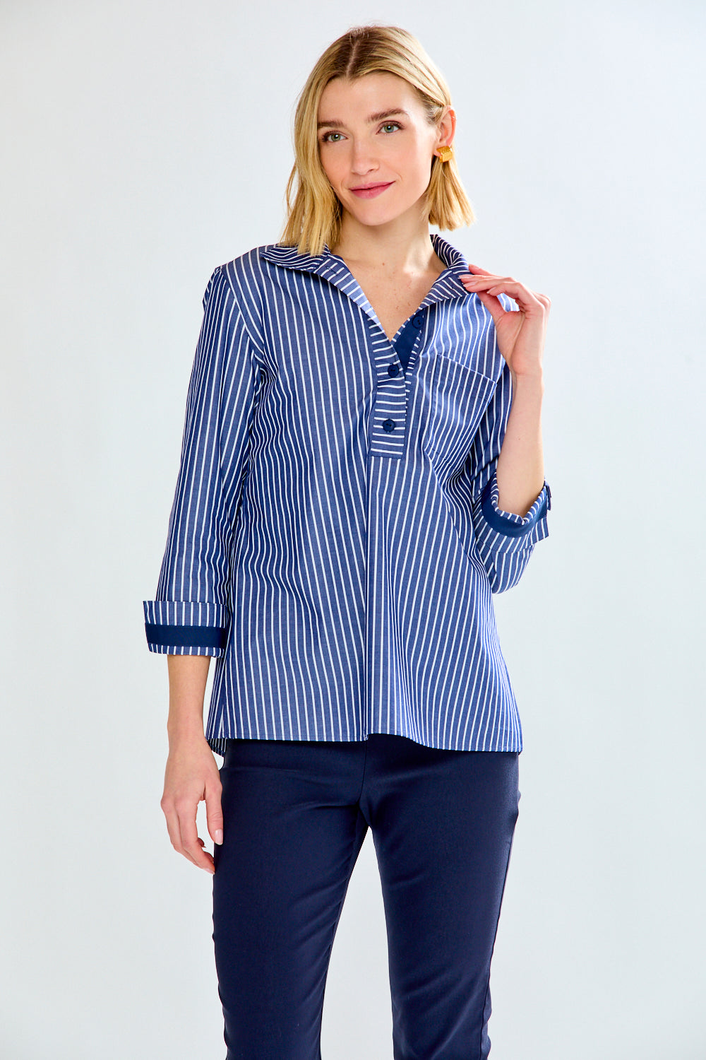 Woman in blue striped blouse