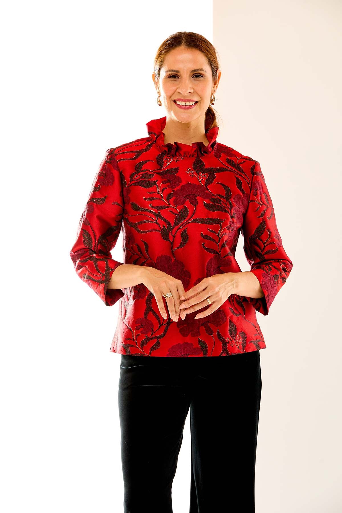 The Finch Blouse in red floral