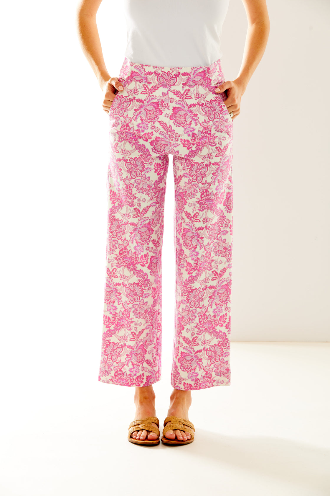 Woman in pink and white printed pant
