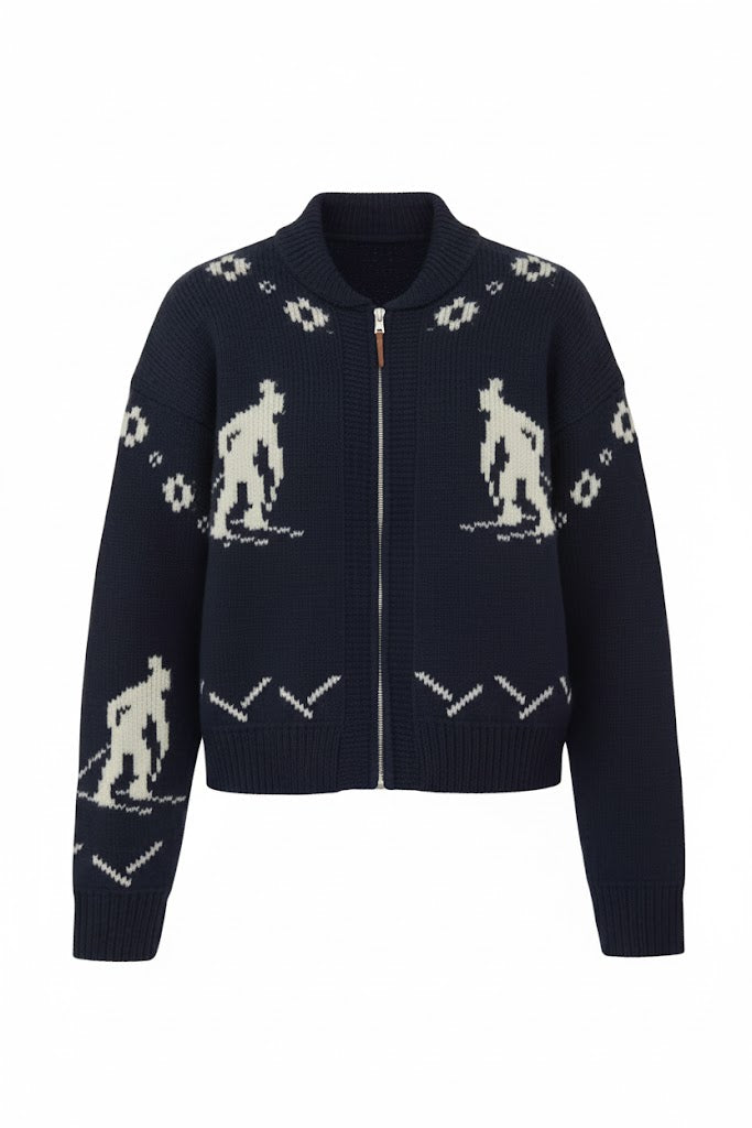 Navy blue zip-up sweater with white pattern on a white background