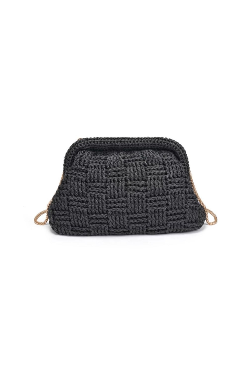 A black woven clutch with a snap frame closure, gold hardware, and a chain strap.