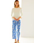 Woman in blue and white printed pant