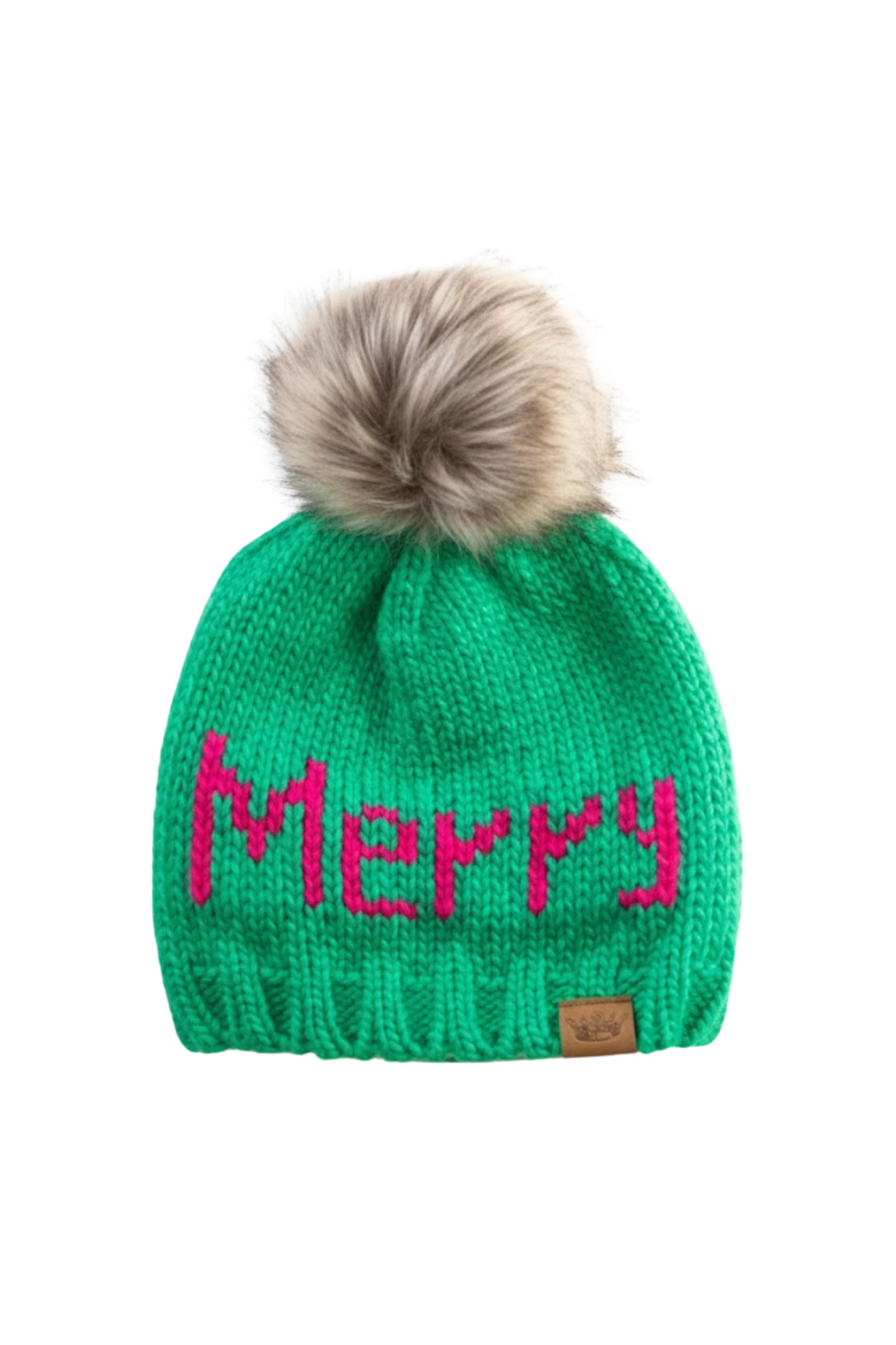 Green knit beanie with pink 'Merry' text and fur pom-pom on a white background