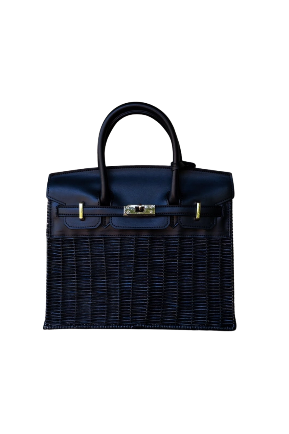 Black woven handbag with gold hardware on a white background