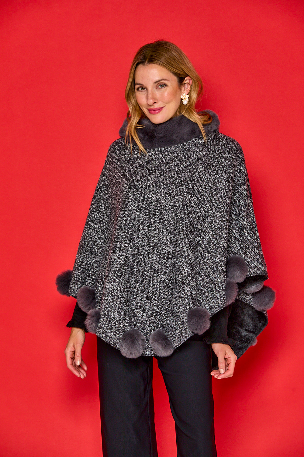 Posey Faux Fur Pom Pom Poncho