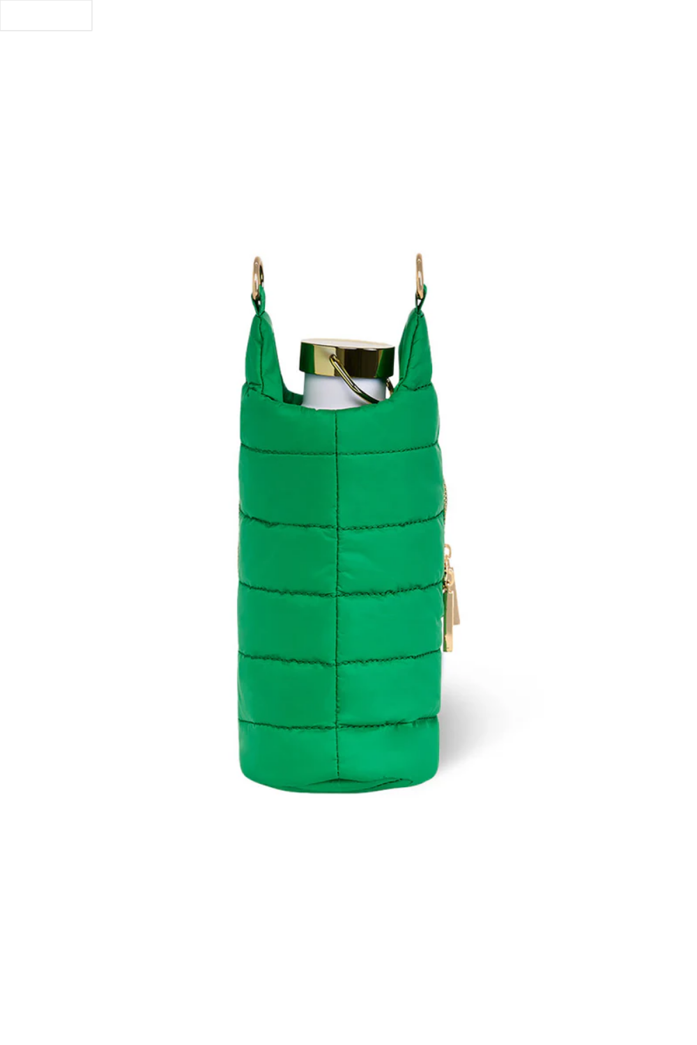 Green quilted handbag with a strap on a white background
