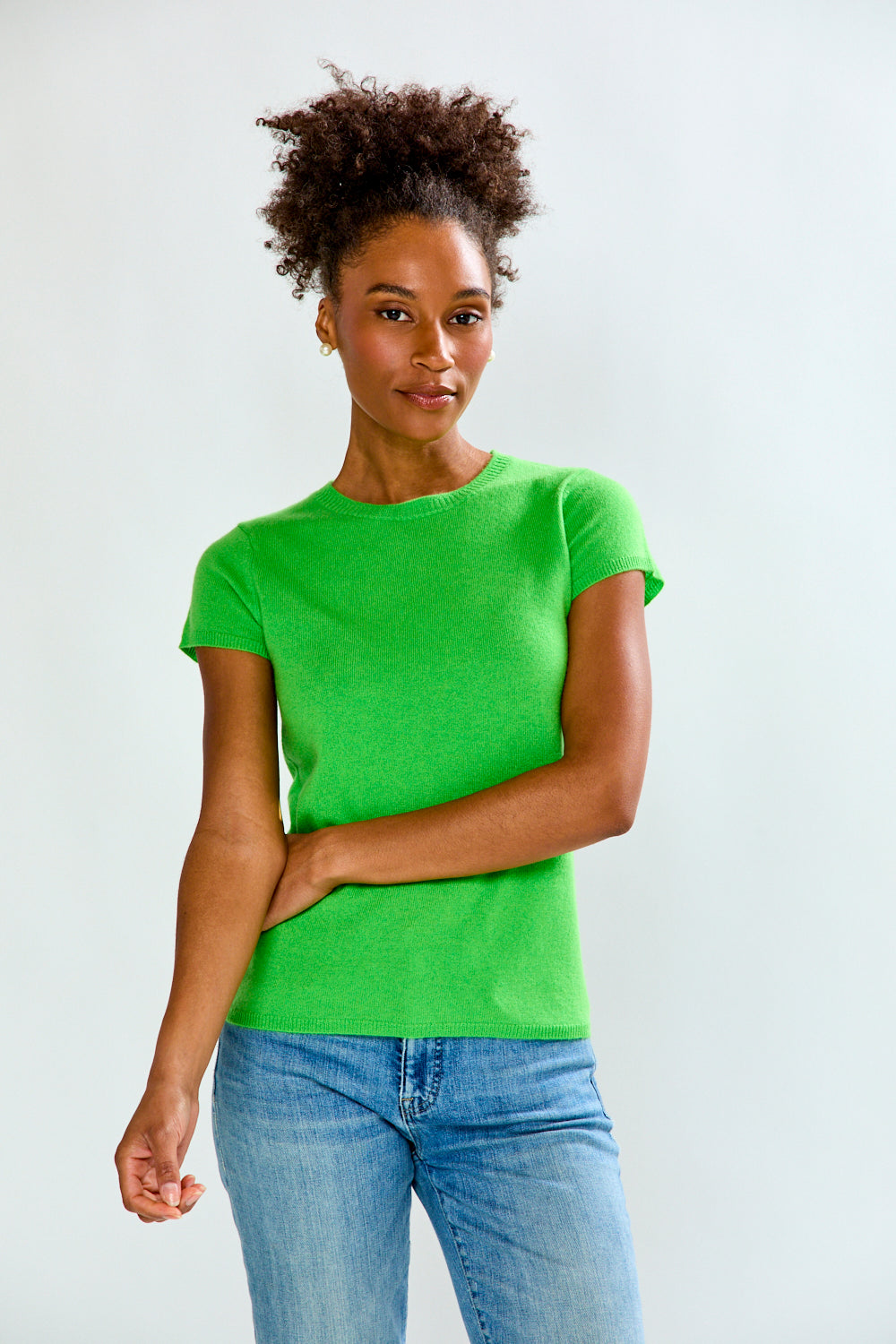 woman in green t-shirt