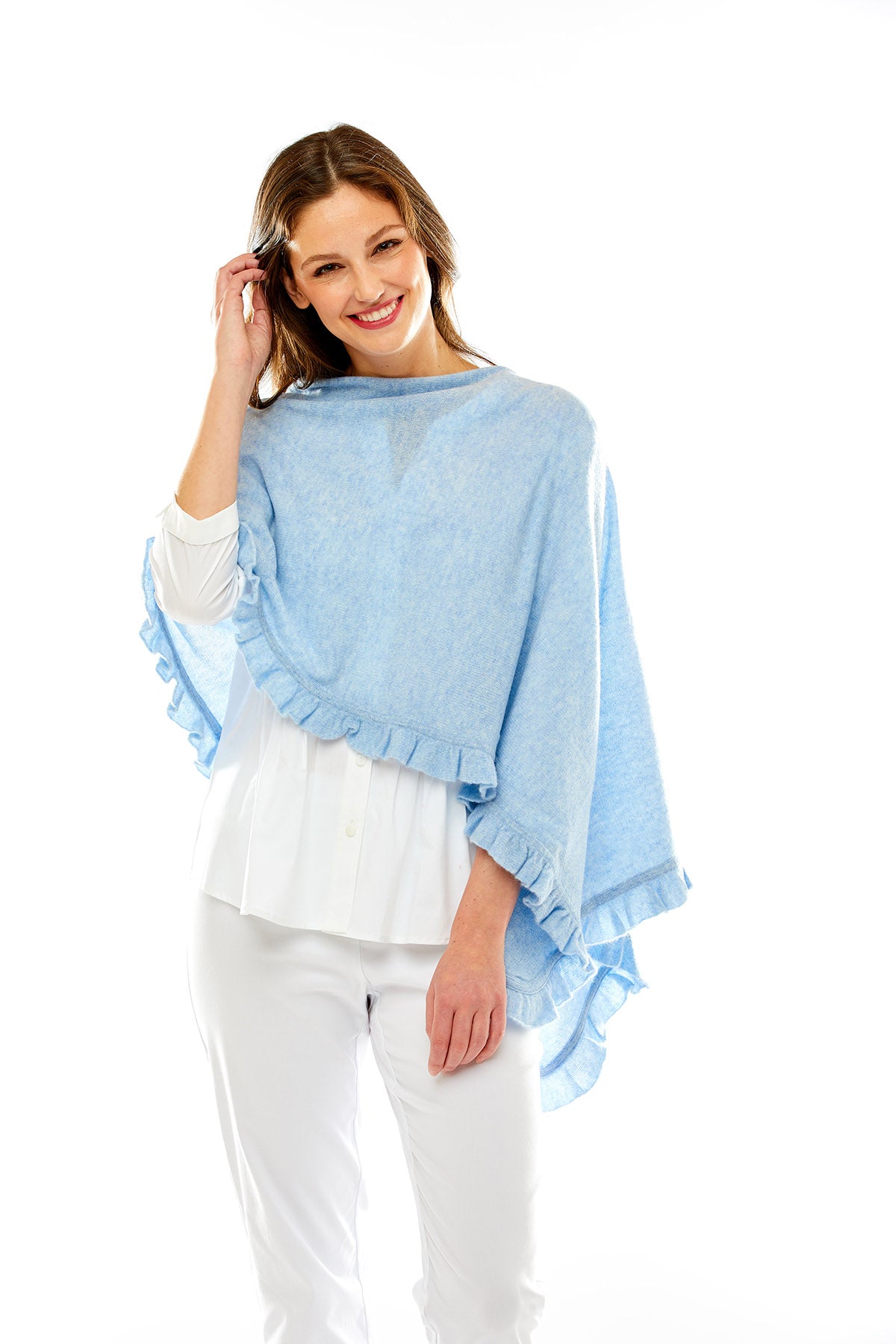 Woman in blue poncho