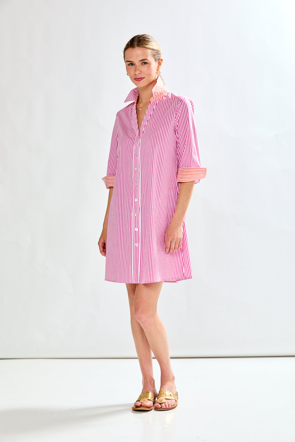 Pink and orange striped shirtdress 