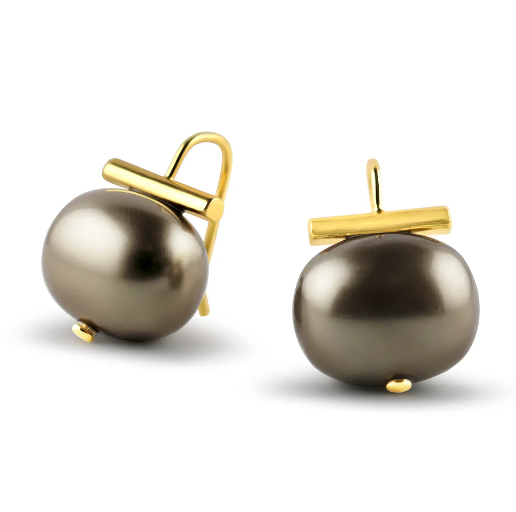 Pair of earrings with gold posts and large brown pearls on a white background