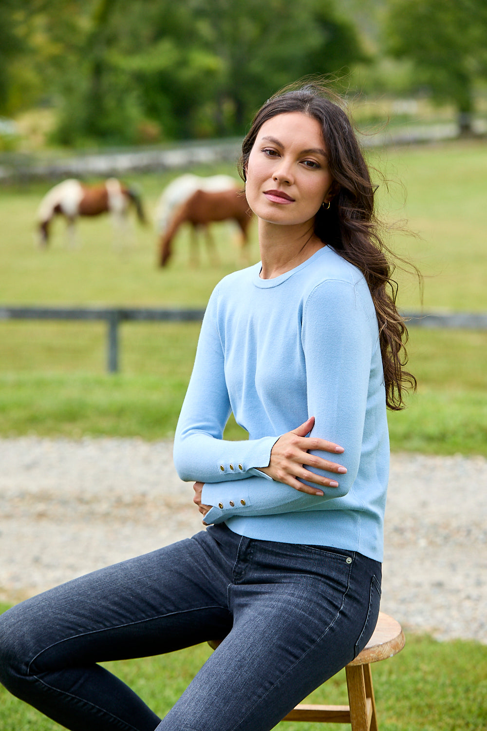 A woman with long dark hair sits on a wooden stool in a grassy field with horses in the background. She is wearing a light blue long-sleeve knit sweater with decorative buttons on the cuffs and dark gray jeans.