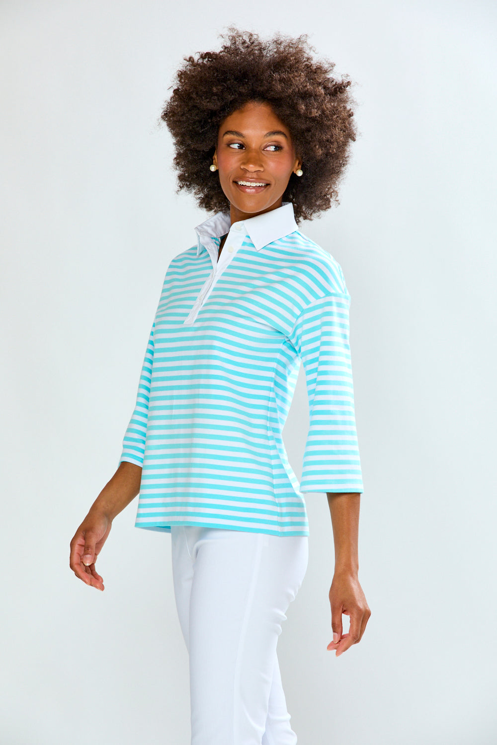 Woman in Aqua & White Stripe Top