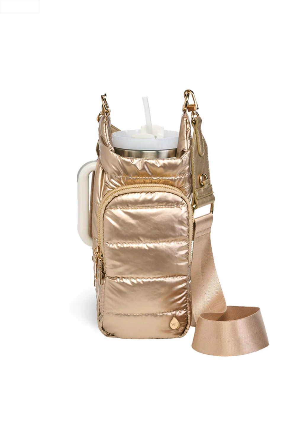 Gold puffer water bottle bag on a white background