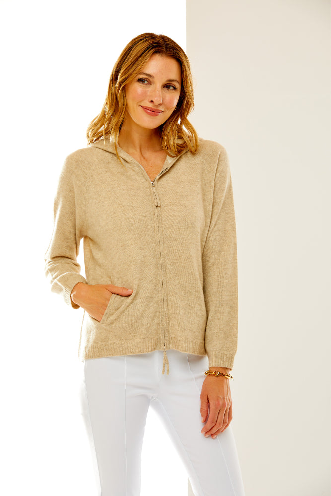 Woman in sand cashmere hoodie