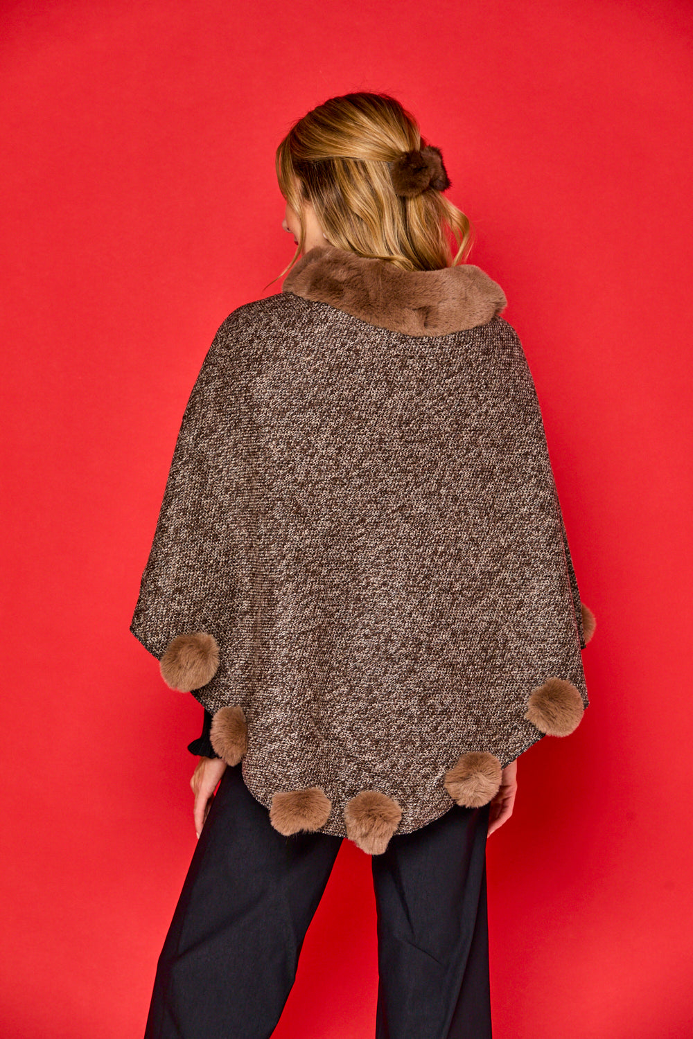 Posey Faux Fur Pom Pom Poncho