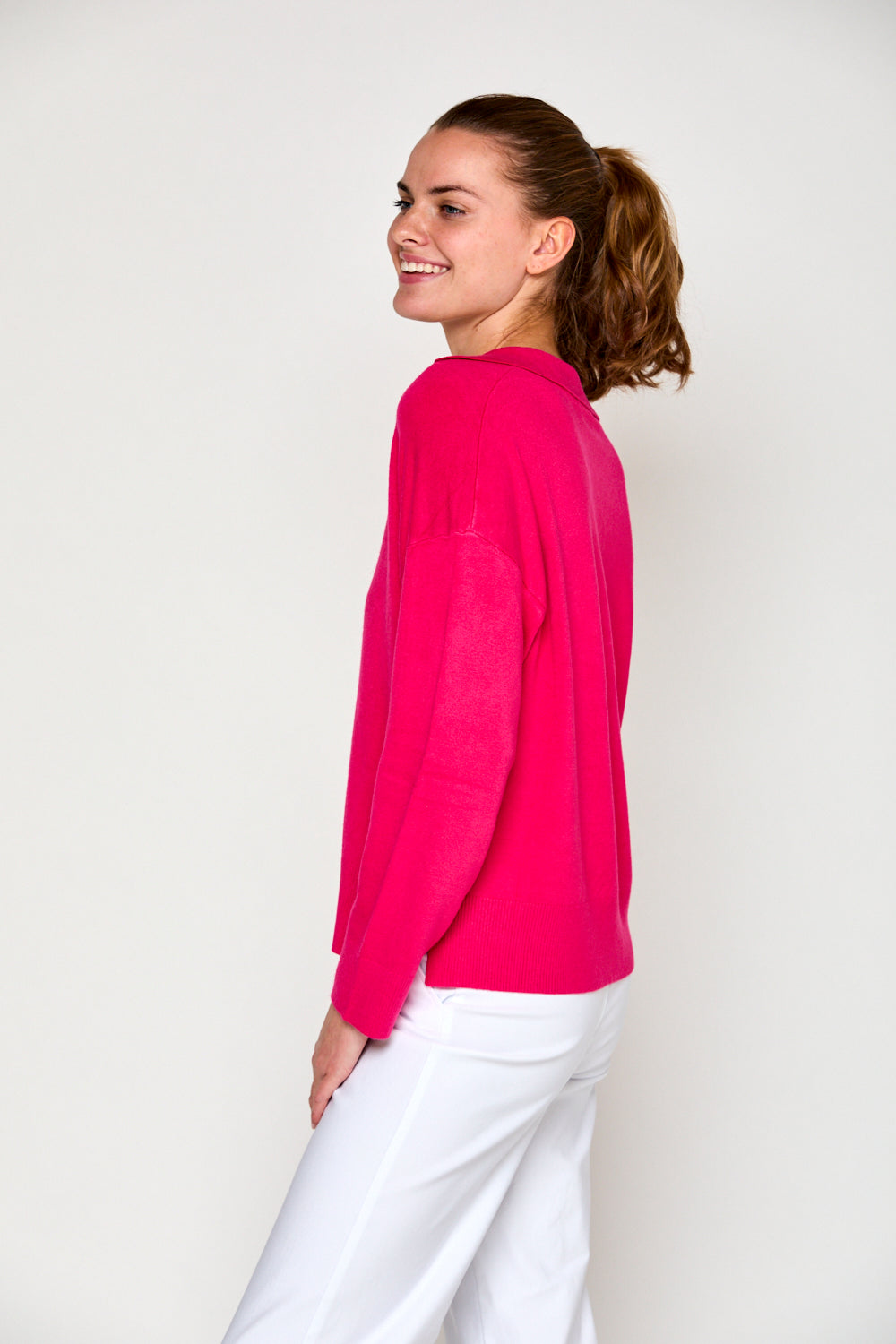 Woman in hibiscus sweater 