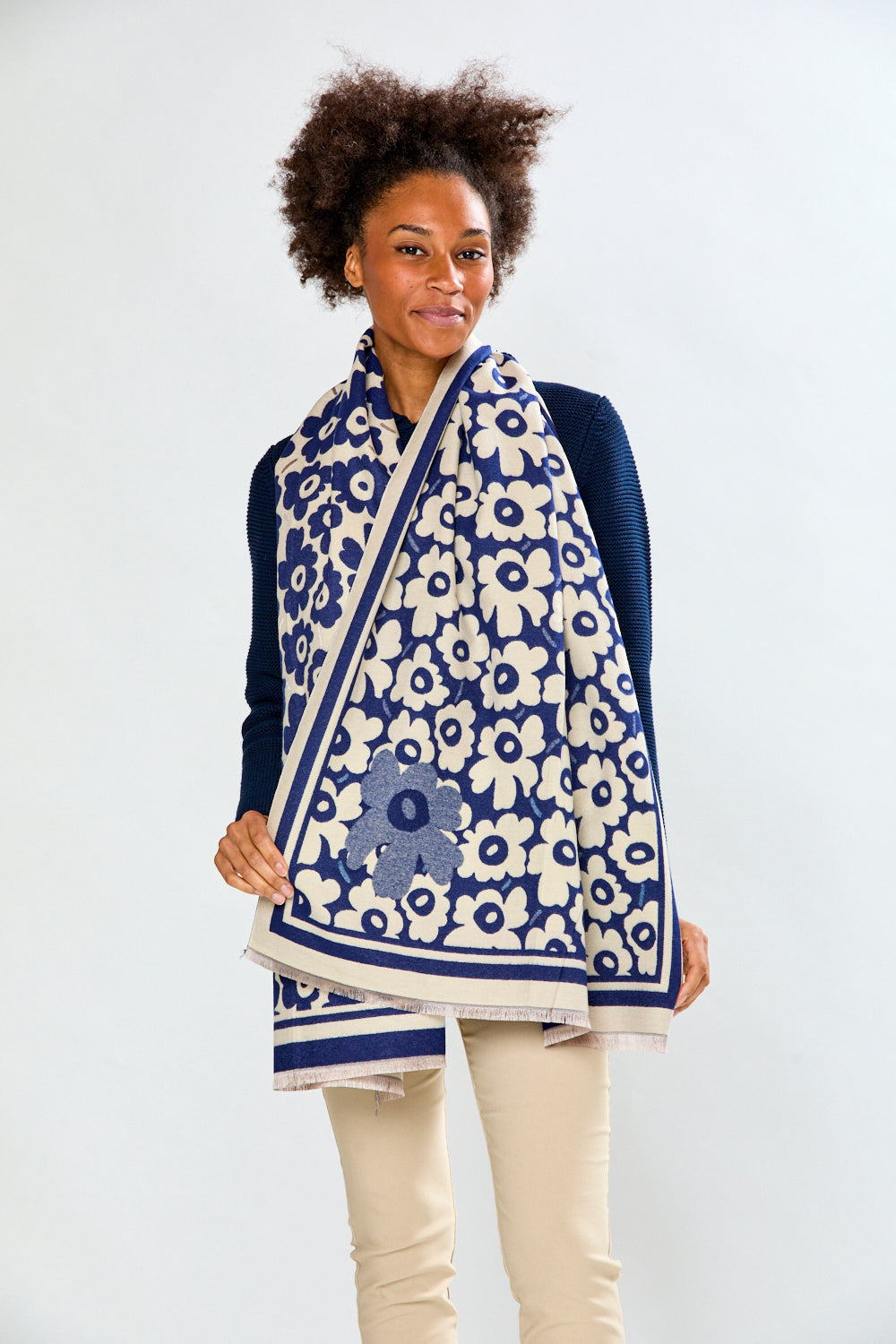 Woman in navy floral scarf