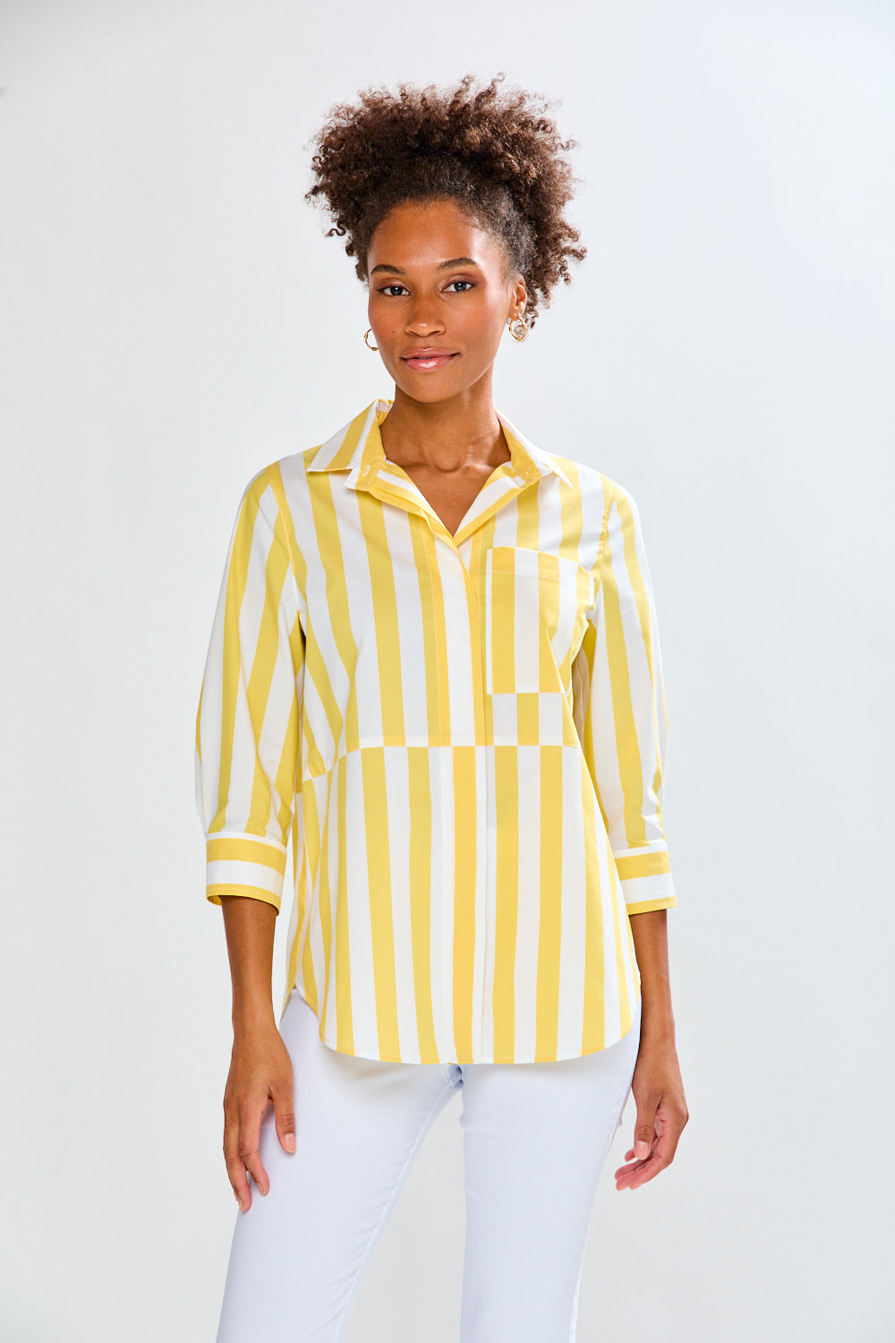 Woman wearing The Scottie Shirt in Wide Stripes