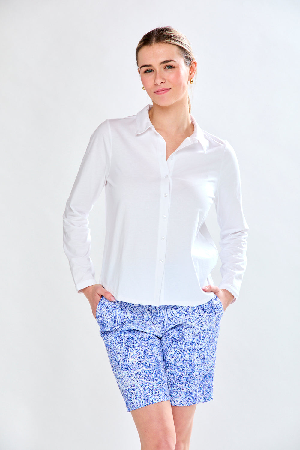 Woman in blue printed short 