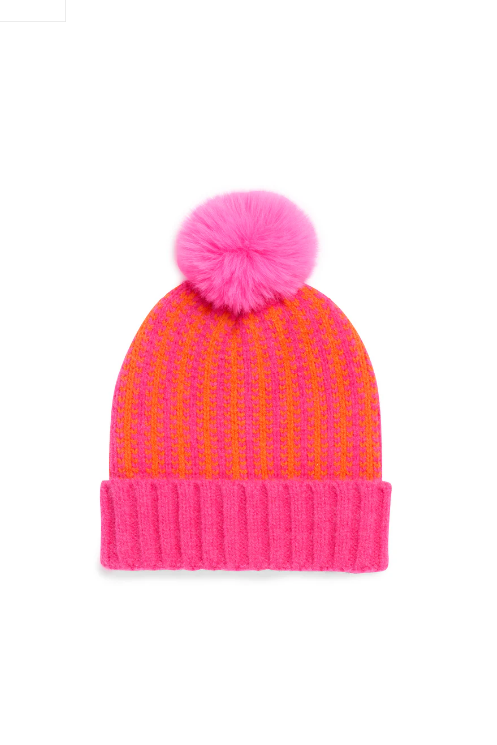 Neon pink and orange beanie with a pink pom-pom on a white background