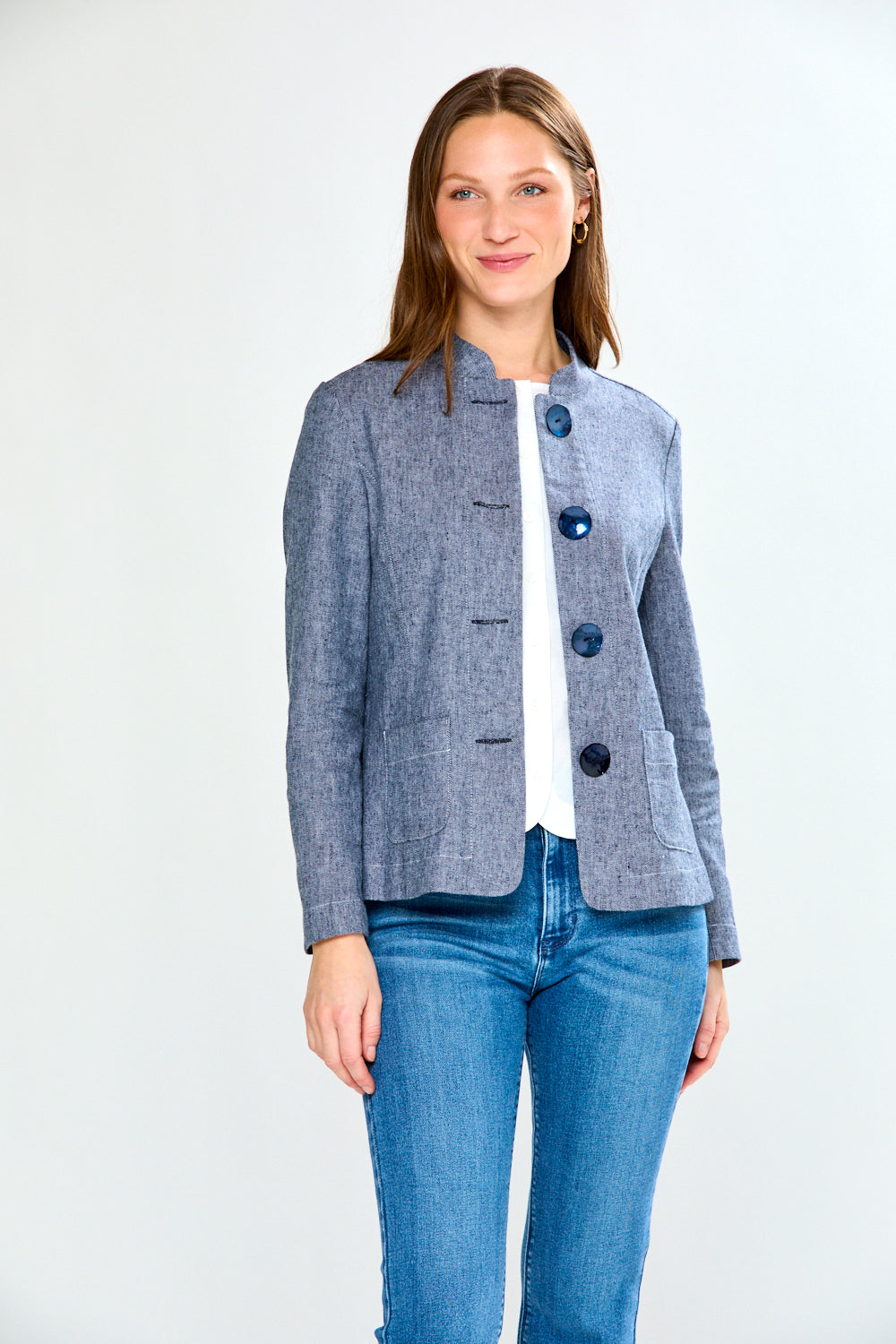 Woman wearing The Boston Jacket in Cross Dye Navy