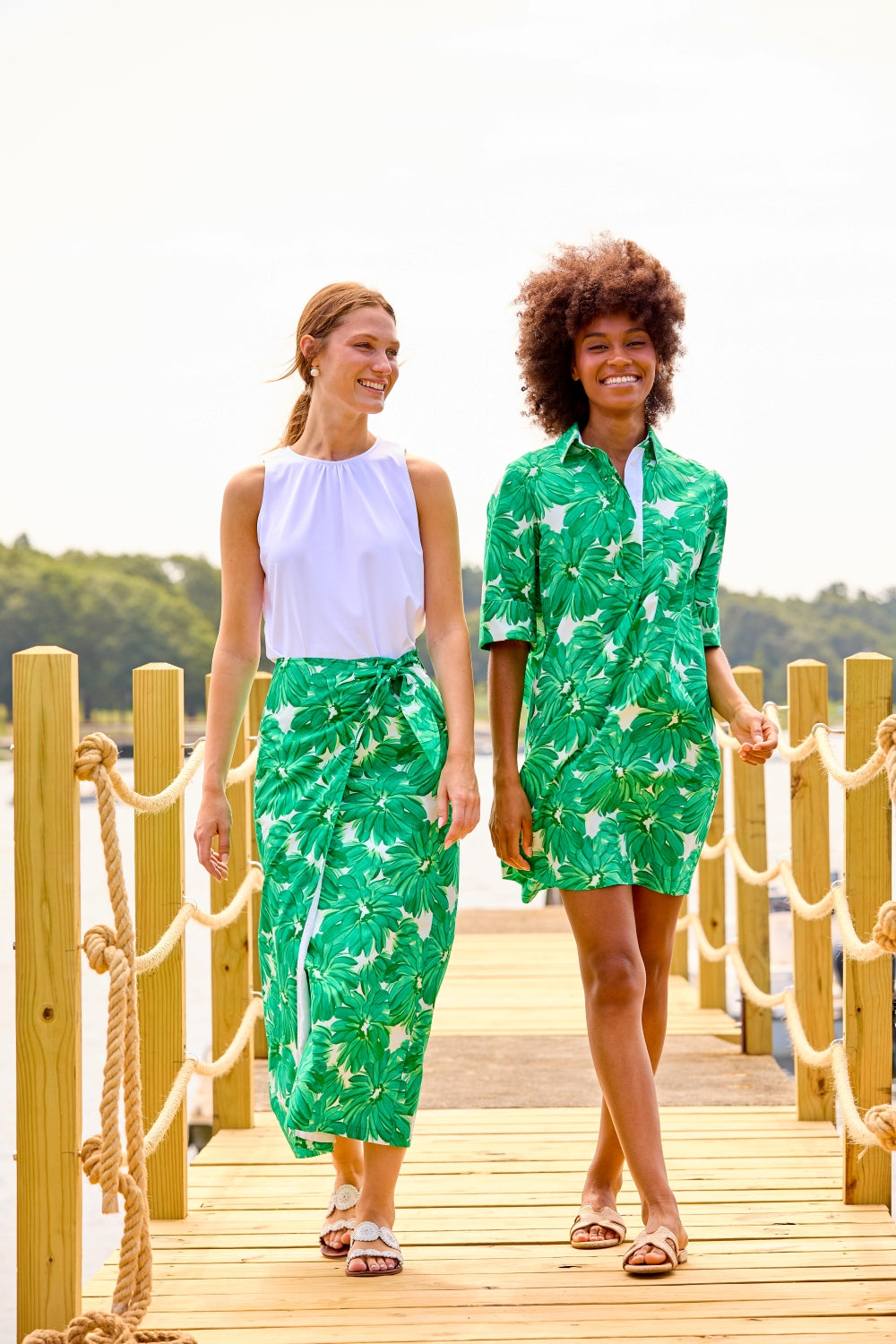 Woman in tropical print skirt