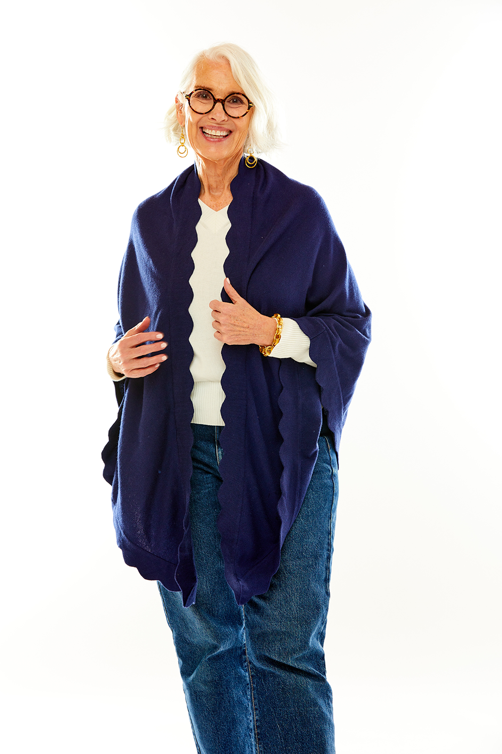 Woman in navy scallop triangle wrap