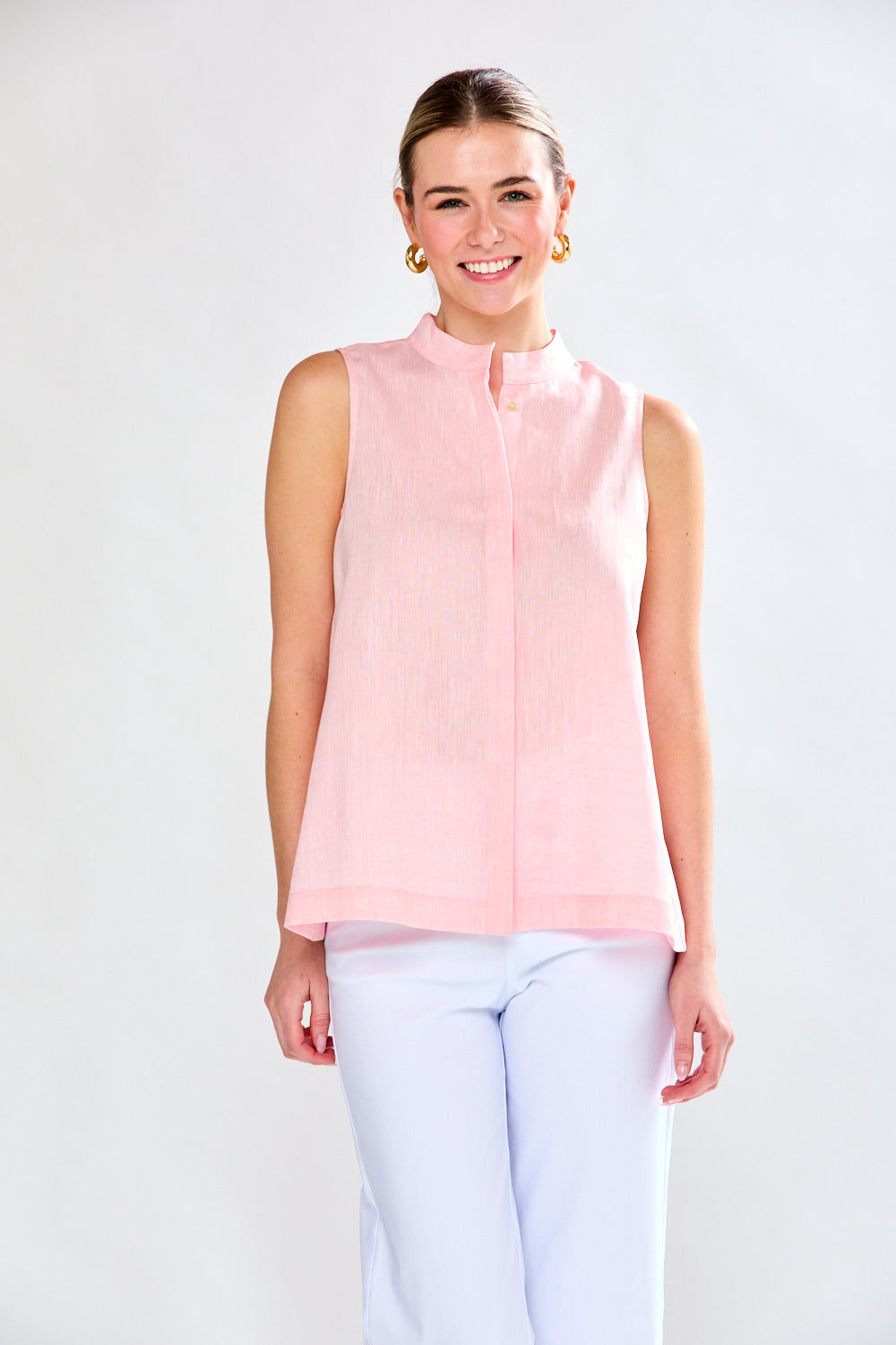 Woman in sorbet linen top