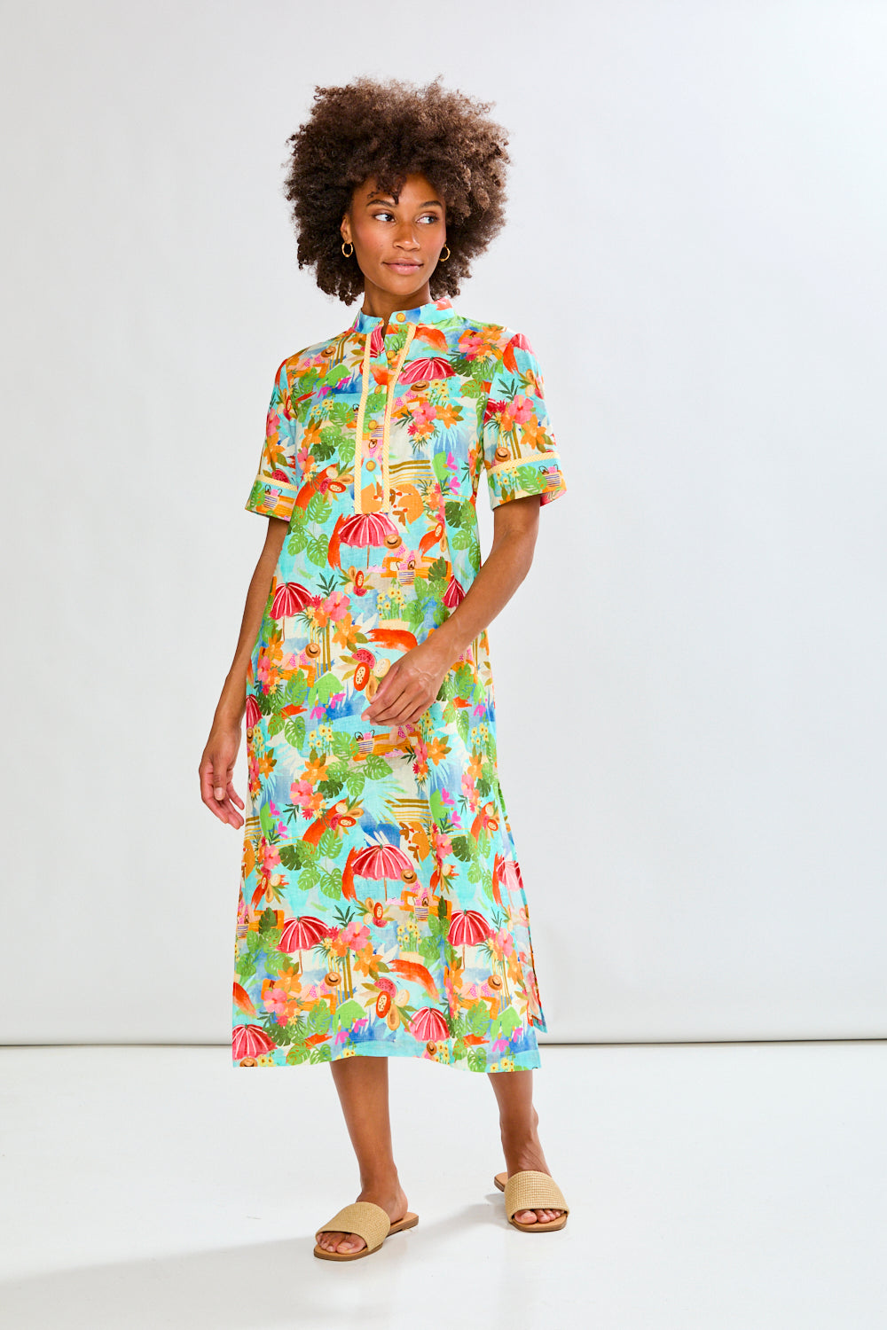 Woman in tropical full length dress