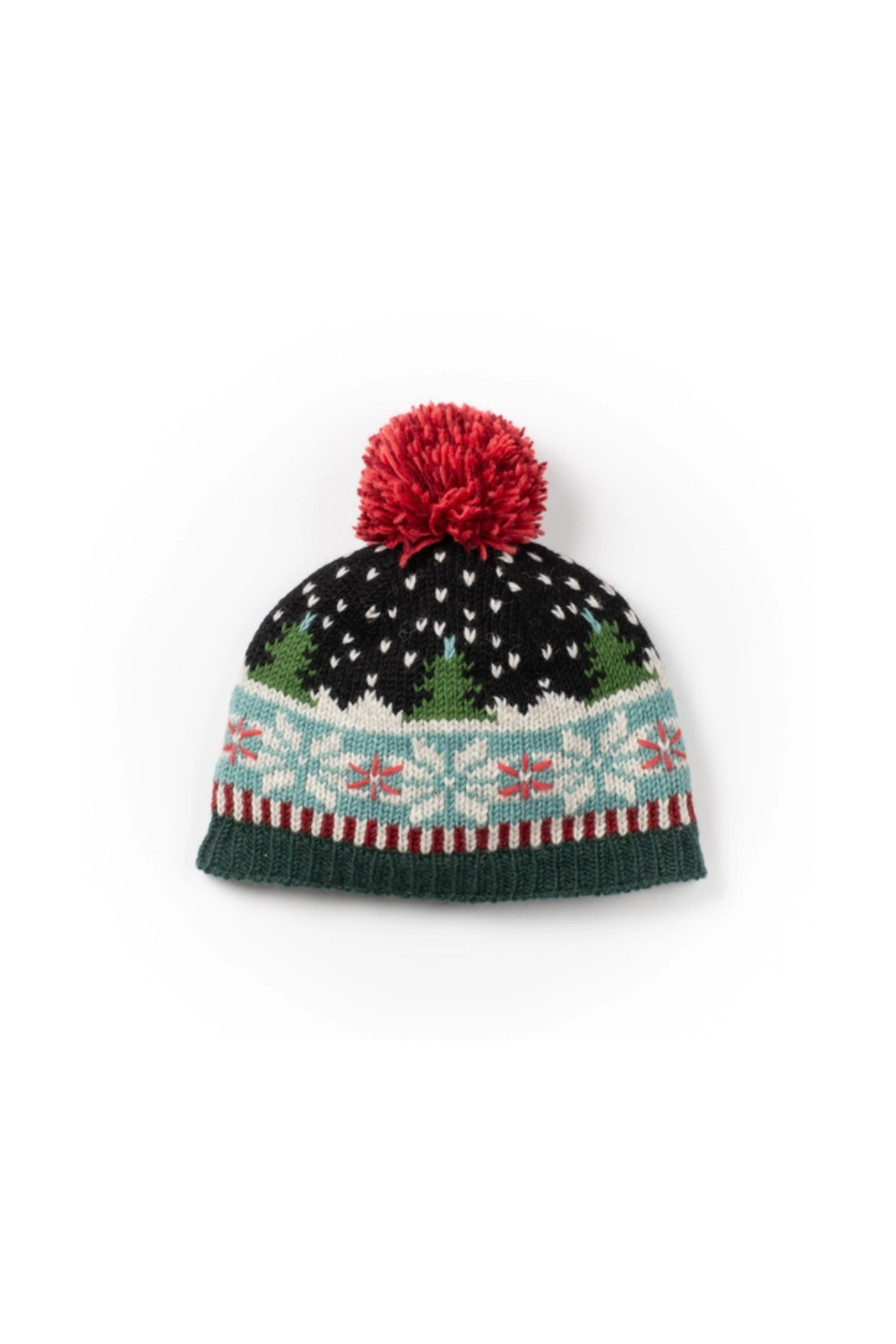 Knitted hat with a red pom-pom on a white background