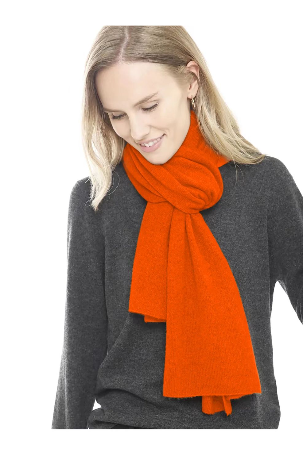 Woman in maple leaf cashmere scarf