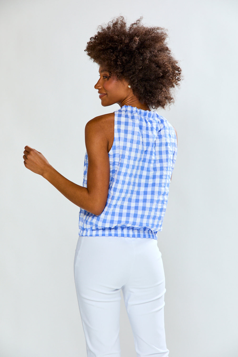 Woman in gingham top