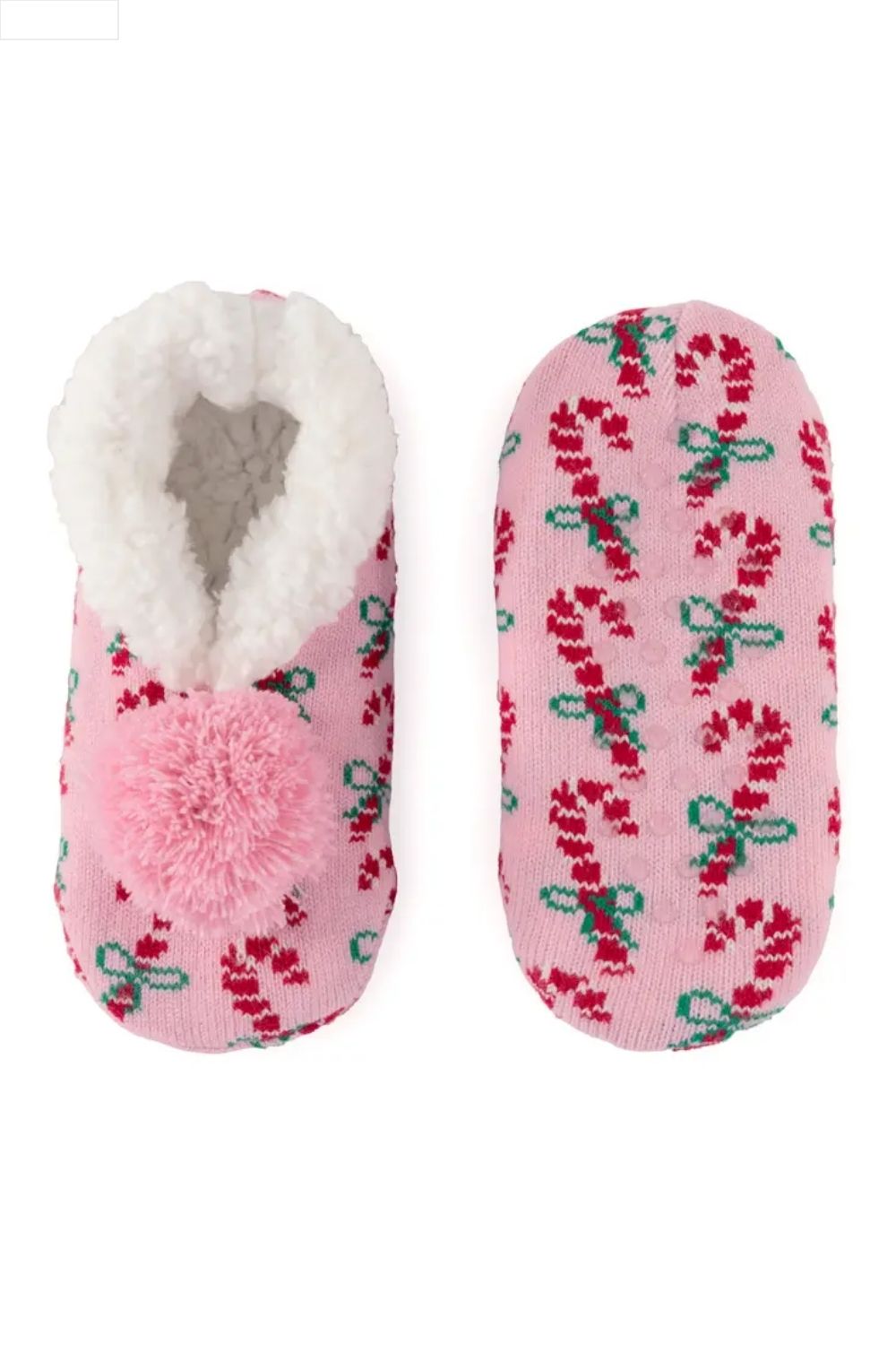 Pair of pink slippers with white fur lining and pom-poms on a white background