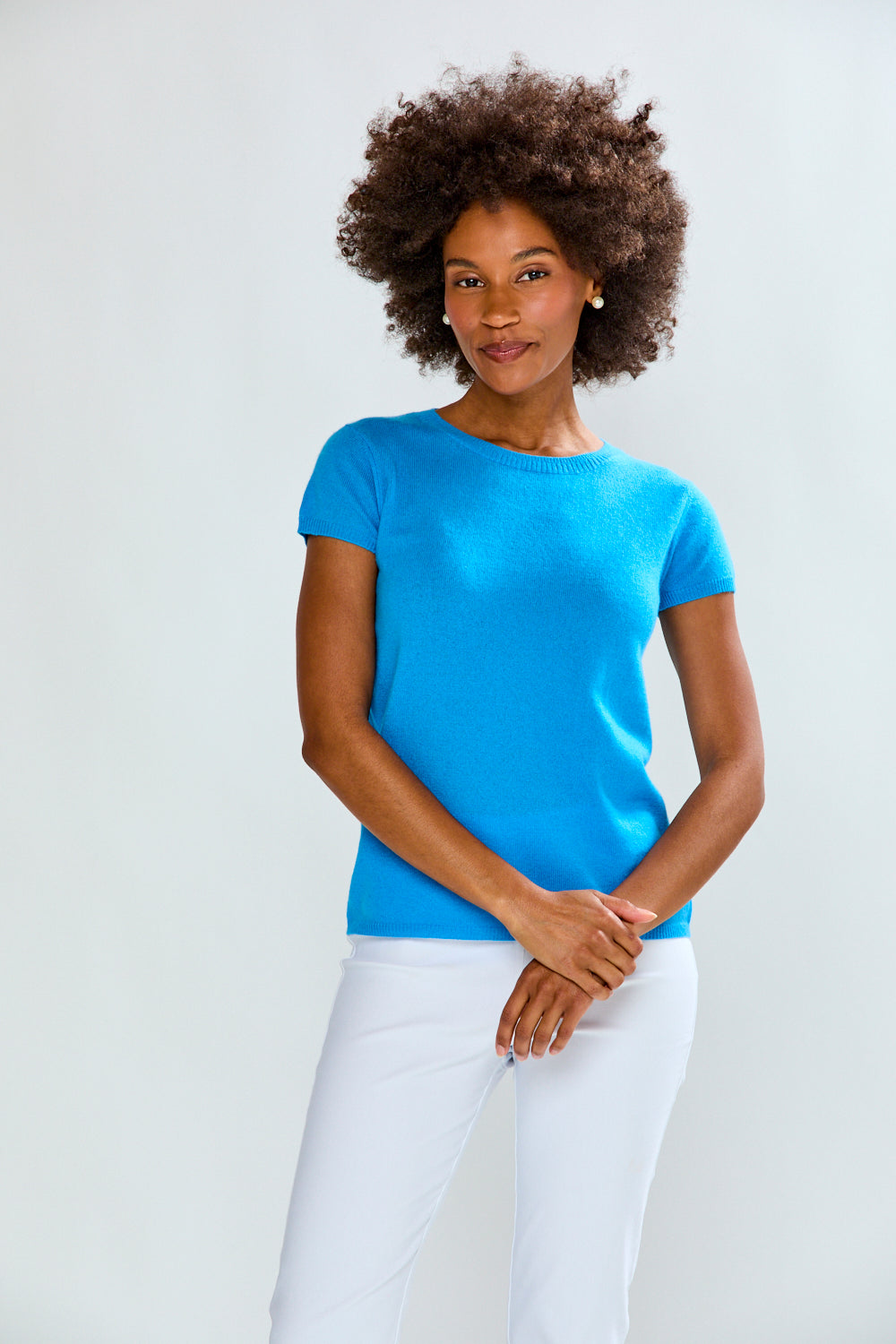 woman in blue t-shirt