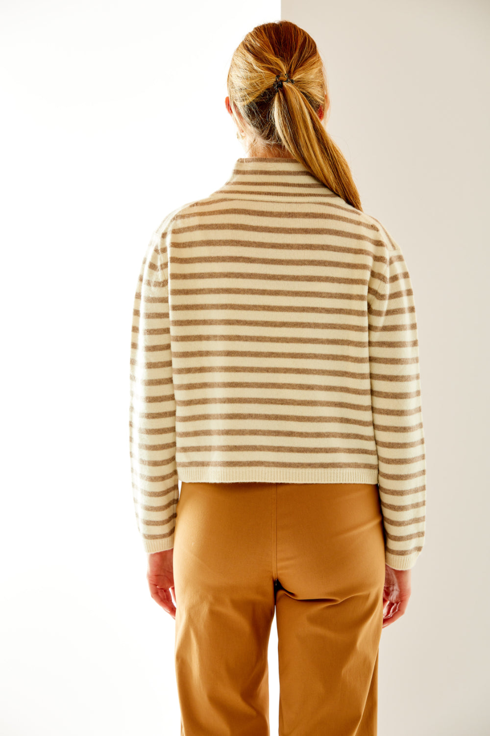 The Striped Mockneck Pullover in Ivory & Tan