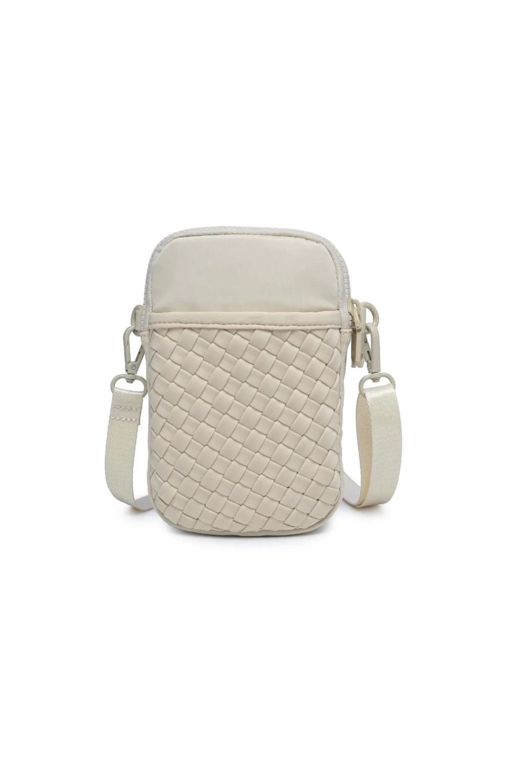 Cream woven crossbody bag on a white background