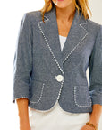 Woman in indigo linen jacket