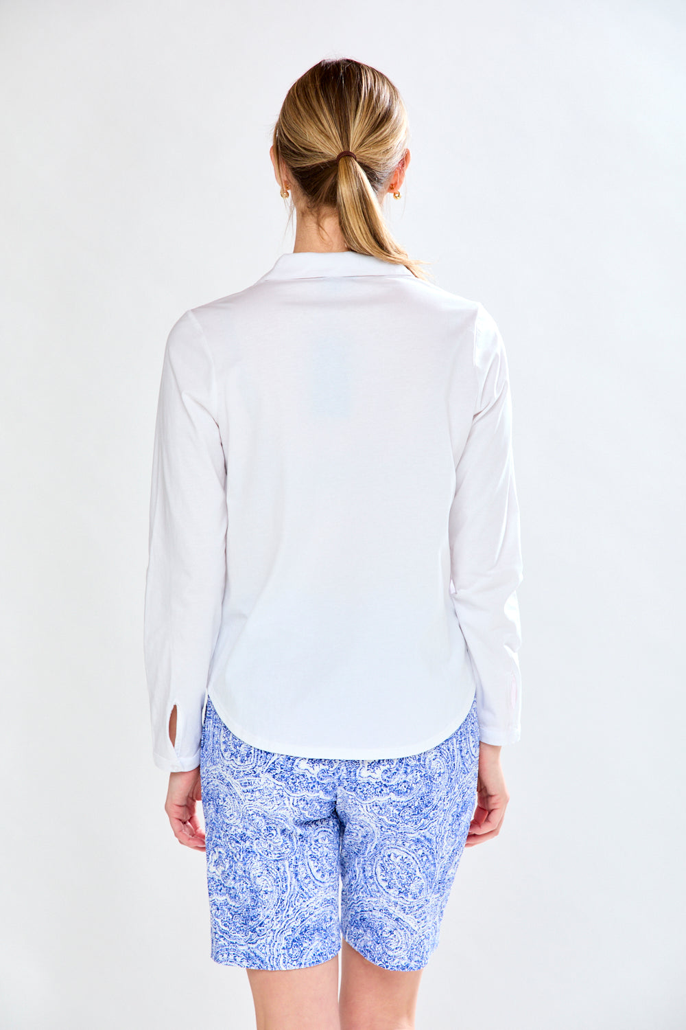 Woman in blue printed short 