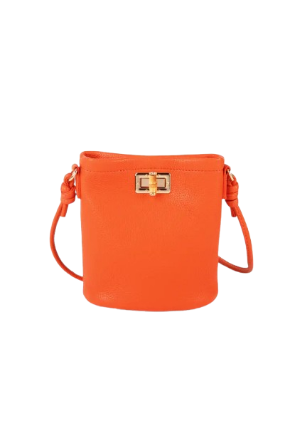 Orange crossbody bag with a gold clasp on a white background