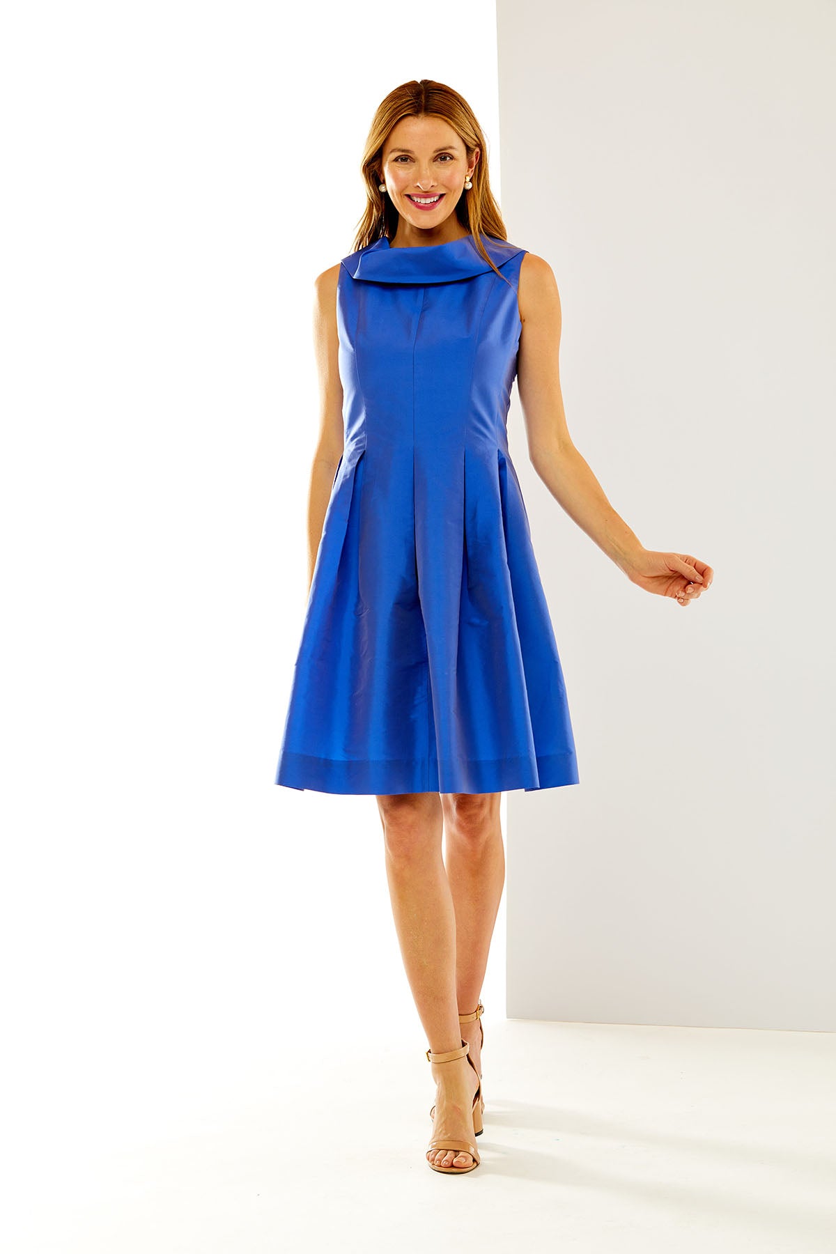 Woman in blue event dress
