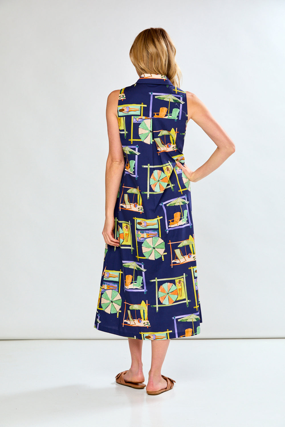 Woman in navy printed dress