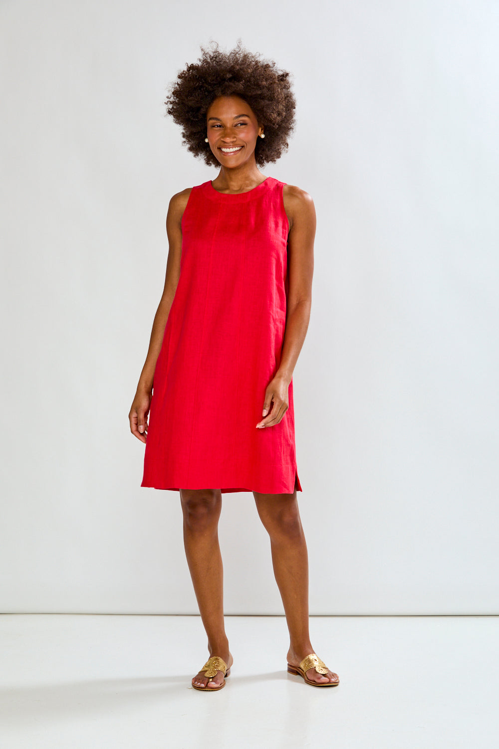 Woman in red linen dress