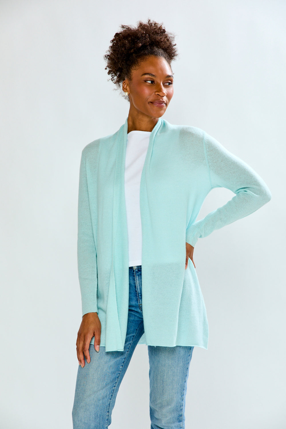 Woman wearing Open Cashmere Cardigan - Sea Glass